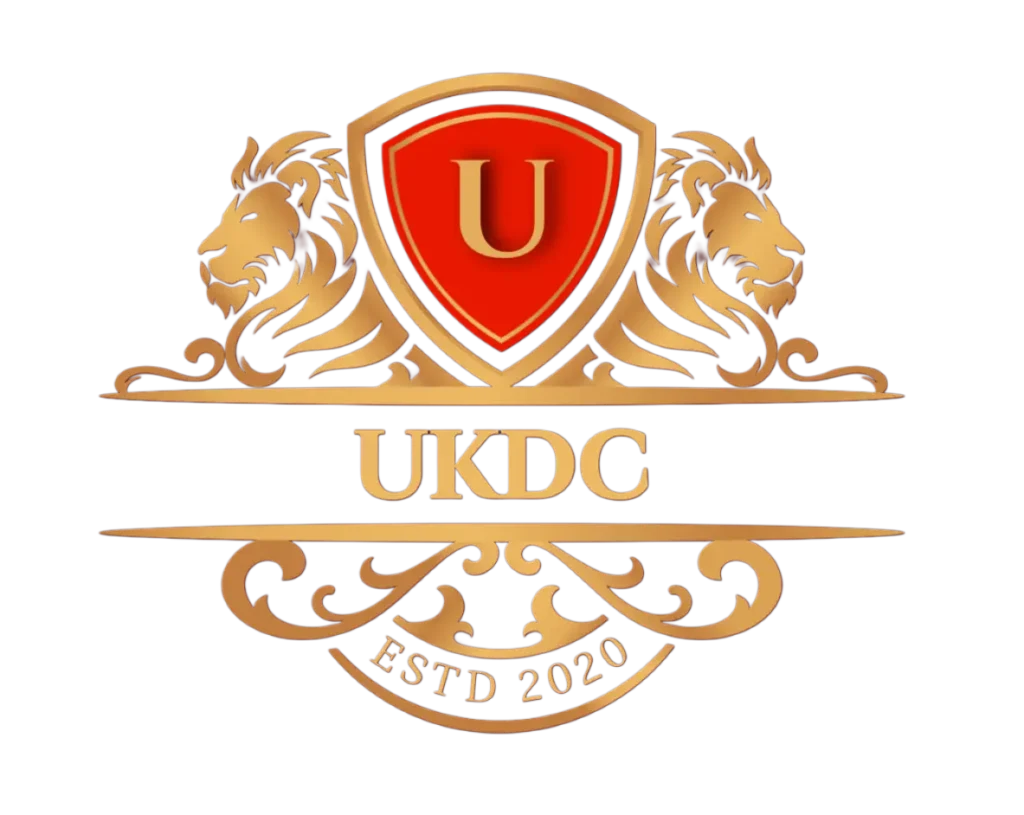 UKDC gold lion crest logo with red shield and ESTD 2020 textDirect Chauffeurs