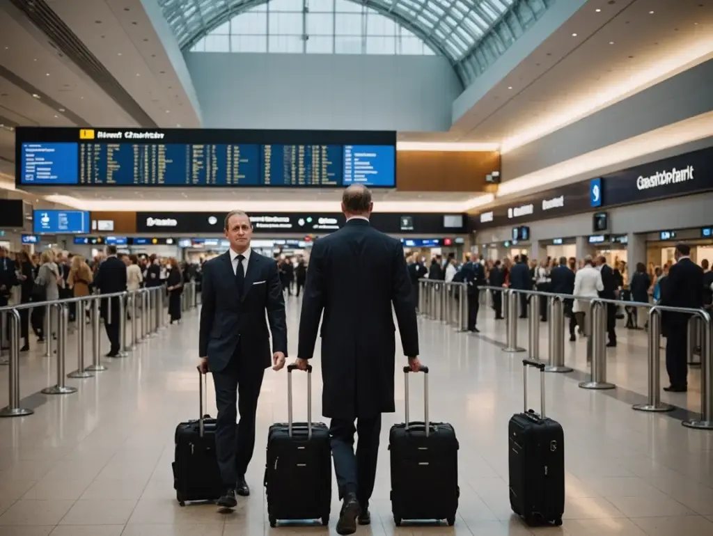 Two professional chauffeurs in tailored suits assisting passengers with luggage at the airport terminal.