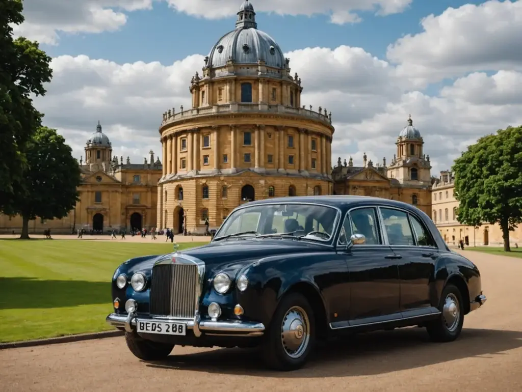 Elegant blue chauffeur car parked outside a historic London building, showcasing luxury.