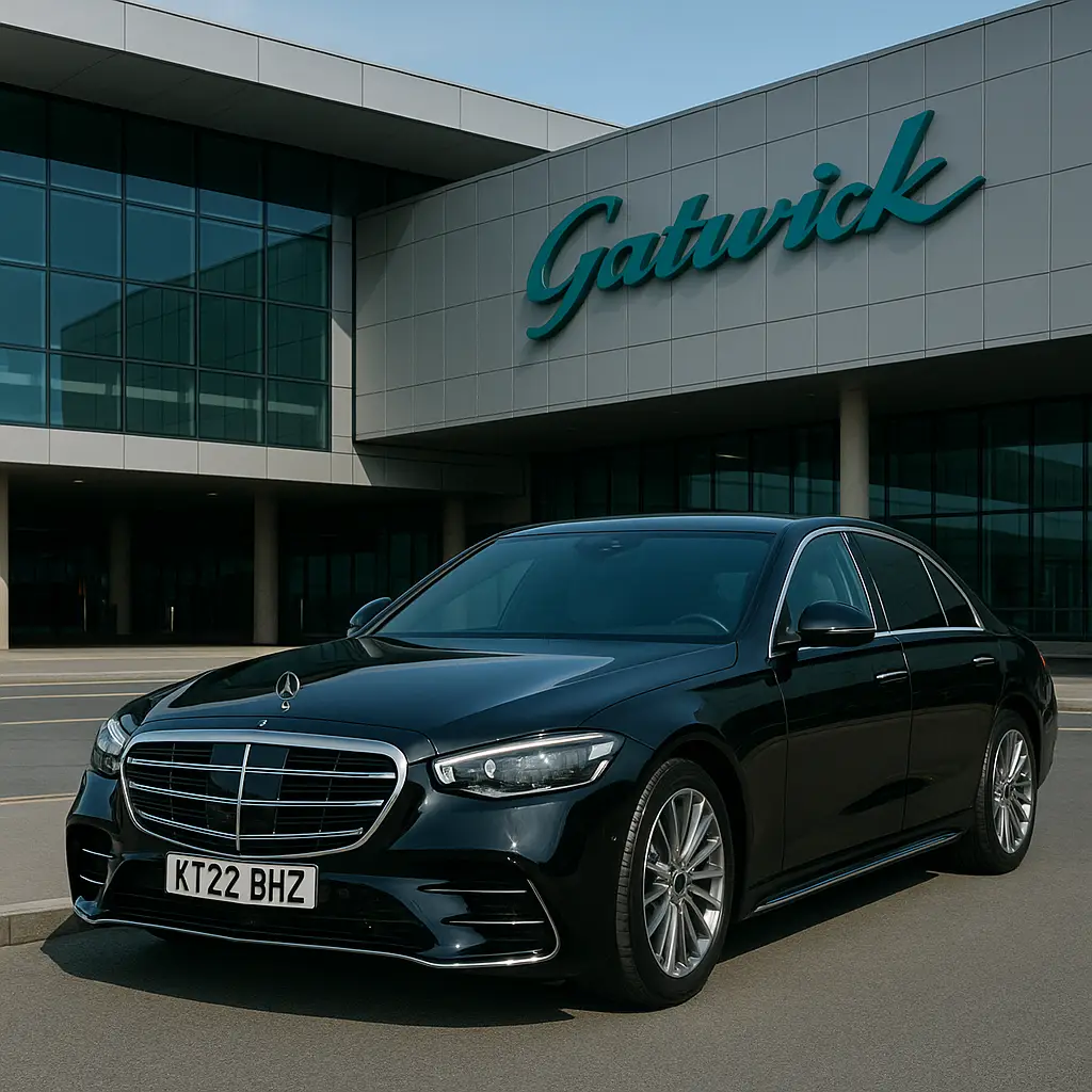 Luxury black Mercedes-Benz S-Class parked outside London Gatwick Airport terminal, representing UK Direct Chauffeurs’ premium airport transfer service.
