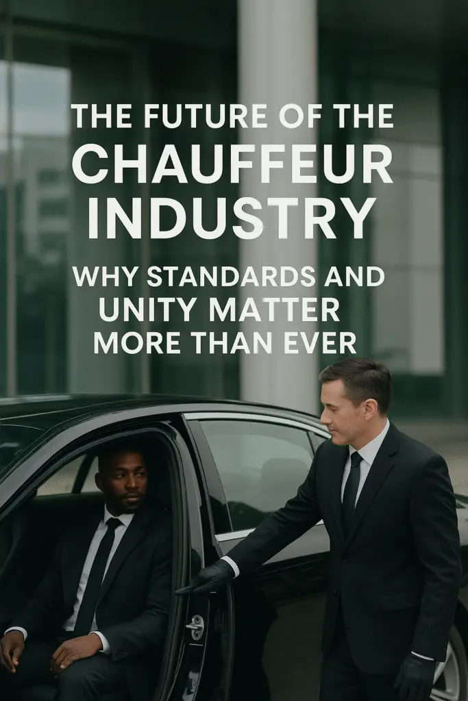 A professional chauffeur opens the door of a luxury black car for a suited client, symbolizing high standards and unity in the modern chauffeur industry.