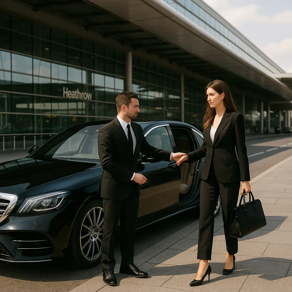 Chauffeur greeting business passenger beside black luxury car at Heathrow Airport