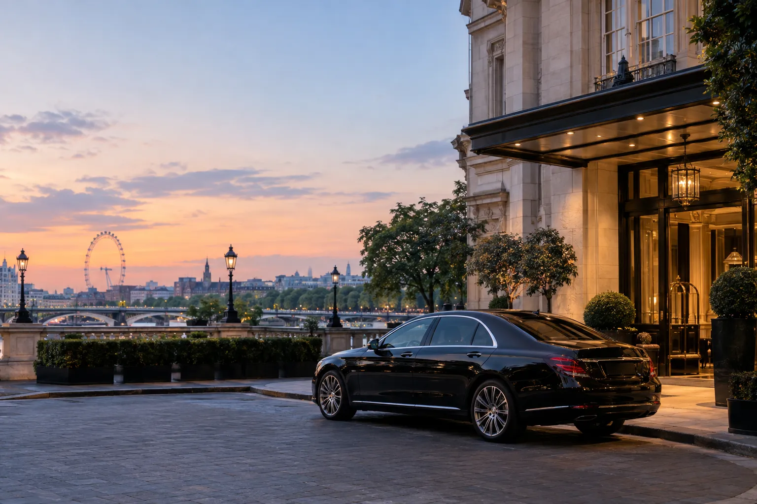 Elegant black car outside a luxury hotel entrance in London at dusk