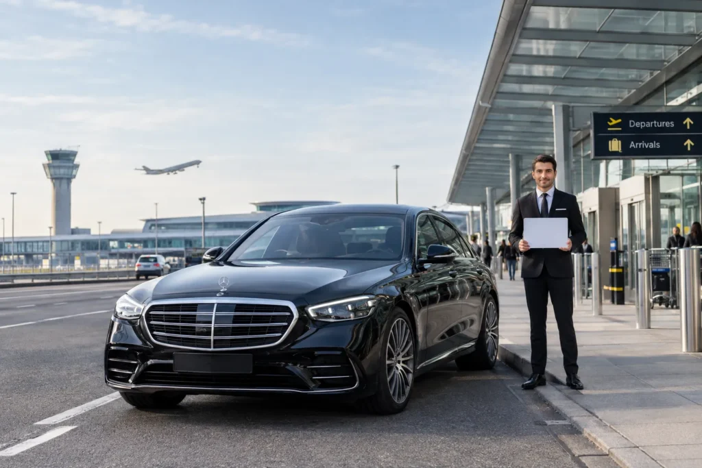 Professional chauffeur welcoming client at airport terminal with 2027 Mercedes S-Class car