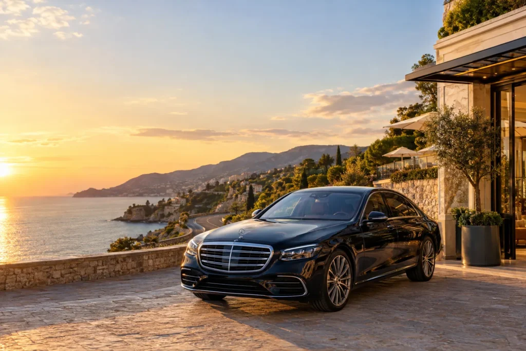 Modern Mercedes S-Class luxury car parked at boutique hotel entrance with scenic coastal road nearby during sunset