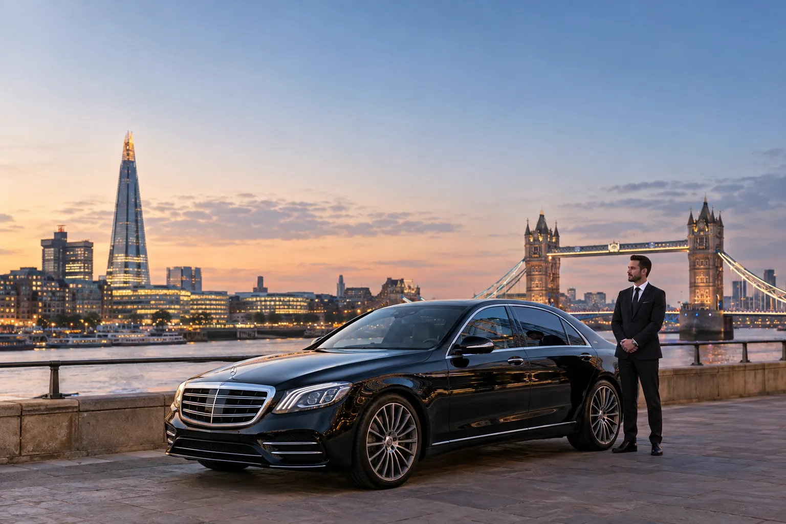 UK Chauffeur standing beside a luxury Mercedes S-Class with London skyline at dusk